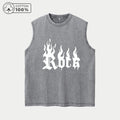 Men's Distressed Washed Vest Summer Casual Flame Word Print Pure Cotton Sleeveless T-Shirt Everyday Streetwear And Commuter Top