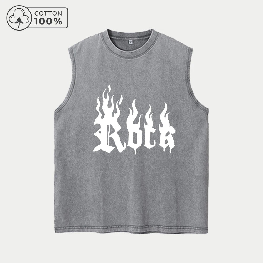Men's Distressed Washed Vest Summer Casual Flame Word Print Pure Cotton Sleeveless T-Shirt Everyday Streetwear And Commuter Top