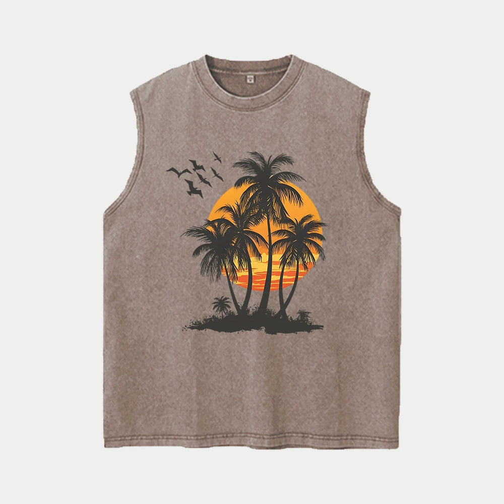Men's Coconut Tree Print Washable Vest Summer Loose Casual Pure Cotton Short Sleeve Retro Street Style Machine Washable