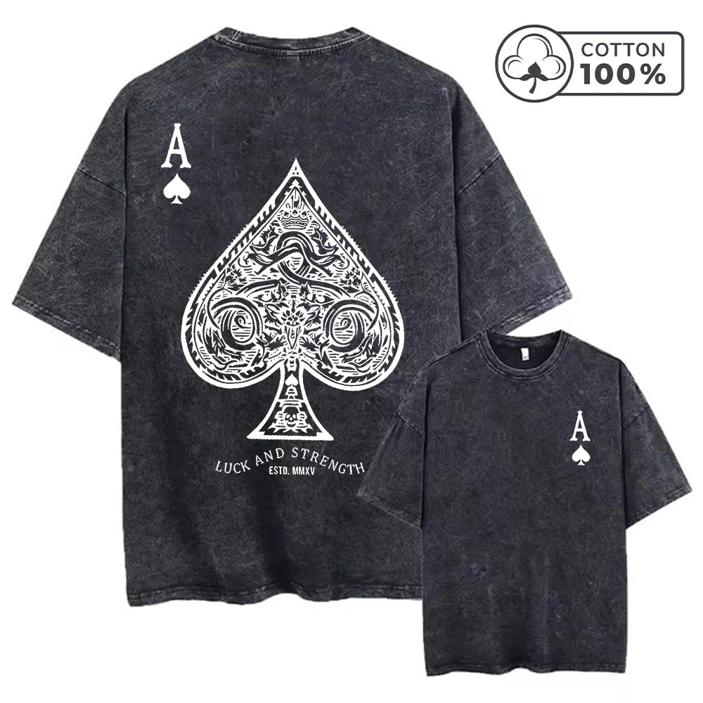 Men's Gothic Style Ace Of Spades Print Washed T-Shirt Summer Distressed Loose Fit Casual Fashion Short Sleeve Gym Commuter Top