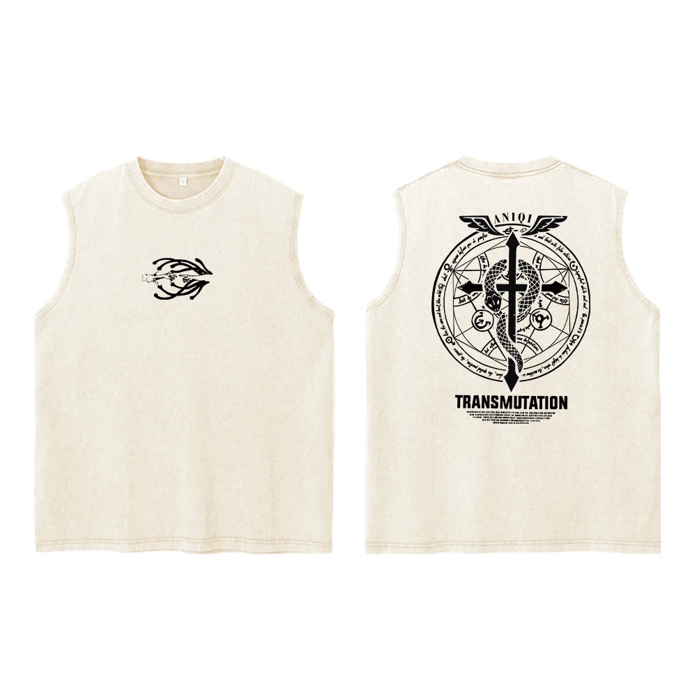 Anime Fullmetal Alchemist Acid Vest 100% Cotton Printed Top Harajuku Retro Gothic Street Fashion Style Black Vest Unisex Summer