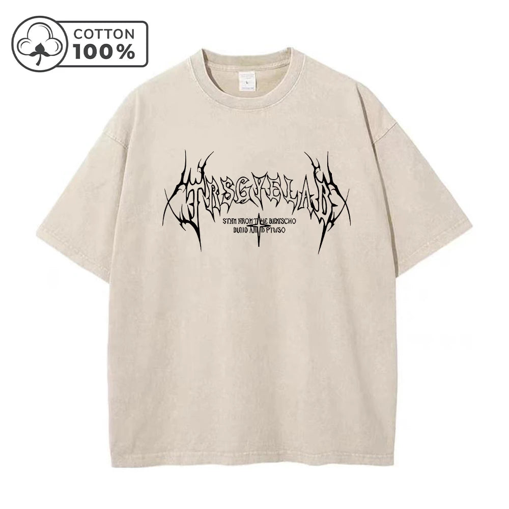 Men's Retro Distressed Washed T-Shirt Pure Cotton Loose Fit Casual Short Sleeve Dark Gothic Text Print Stylish Commuter Top