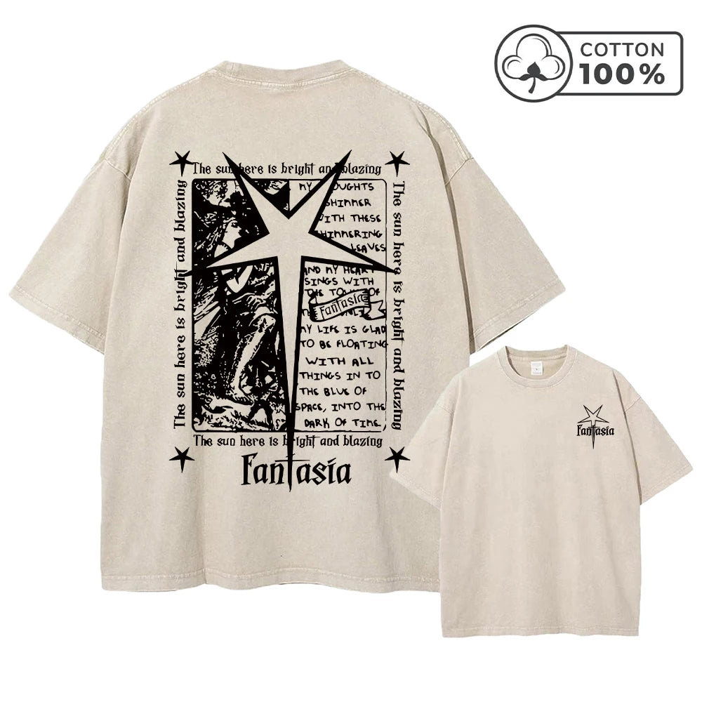 Men's Distressed Pure Cotton Washed T-Shirt With Fantasia Star And Text Print Short Sleeve Loose Fit Casual Daily Wear Gym Top