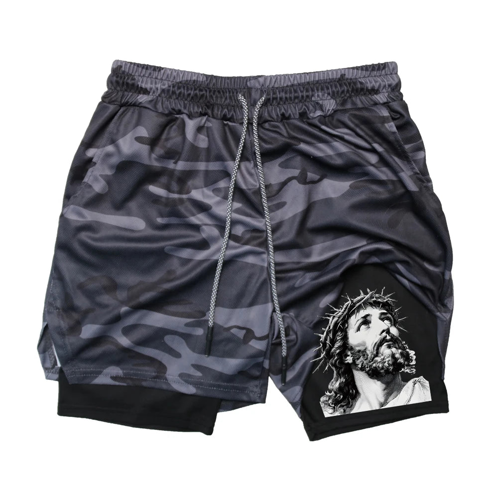 Men's Quick-Drying Athletic Shorts With Jesus Head Print Multiple Pockets Suitable For Fitness Training And Everyday Wear
