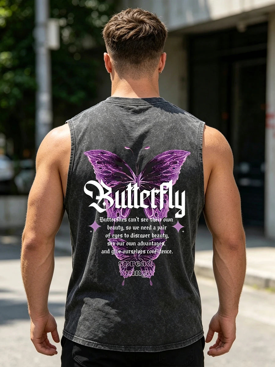 Men's Unique Butterfly And Letter Print Washed Vest Summer Fitness And Commute Top Distressed Casual Fashion Pure Cotton Vest