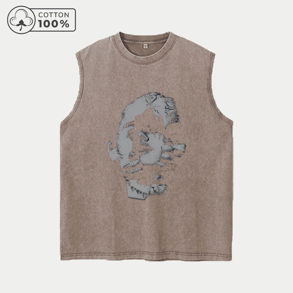 Men's Fashion Creative Face Print Washed Vest Loose Casual Pure Cotton Fitness Commuter Retro Sleeveless Vest Summer Running Top