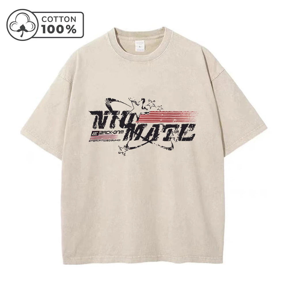 Men's Retro Washed T-Shirt Street Style Star Graffiti Letter Print Pure Cotton Short Sleeve Suitable For Summer Daily Commute