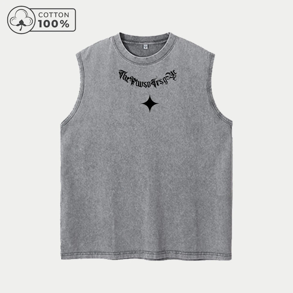 Men's Heavyweight Pure Cotton Washed Sleeveless Vest Fashionable Gothic Print Top Distressed Breathable Vest 2026 New Arrival