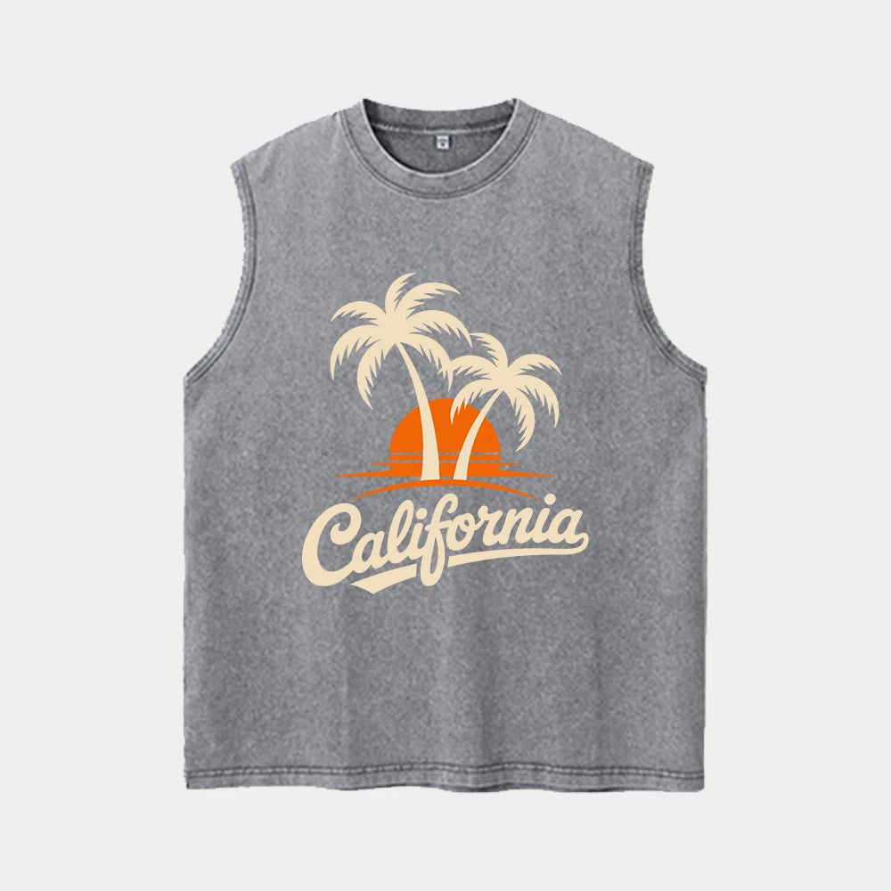 Men's Coconut Tree Print Pure Cotton Washed Vest Summer Fashion Casual Heavyweight Distressed Sleeveless Vest 2026 New Style