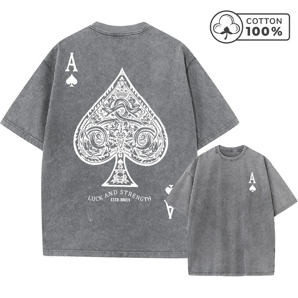 Men's Gothic Style Ace Of Spades Print Washed T-Shirt Summer Distressed Loose Fit Casual Fashion Short Sleeve Gym Commuter Top
