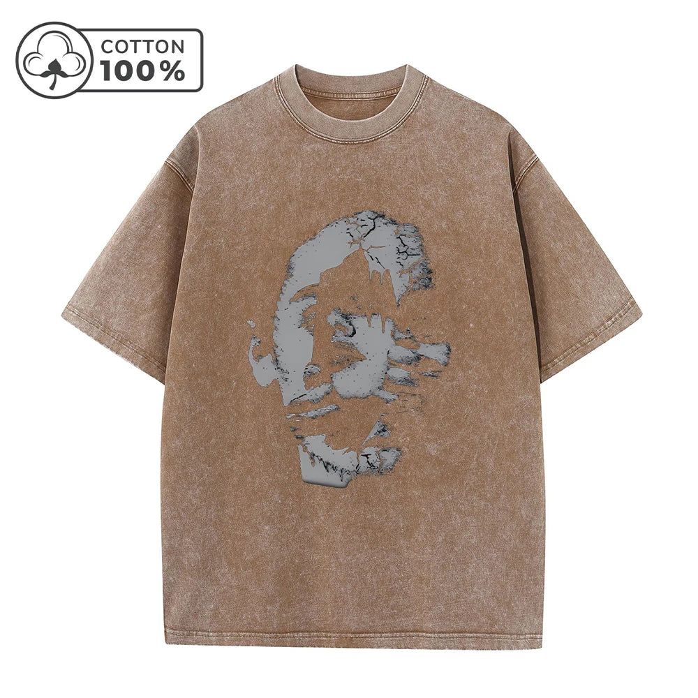 Men's Distressed Washed T-Shirt Personalized Face Print Retro Pure Cotton Short Sleeve Comfortable And Breathable Training Top