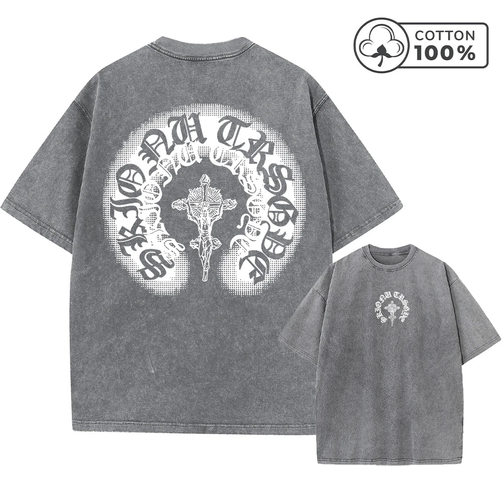 Men's Distressed Pure Cotton Washed T-Shirt With Cross Badge Print Loose Fit Casual Short Sleeve Everyday Street Style Gym Top
