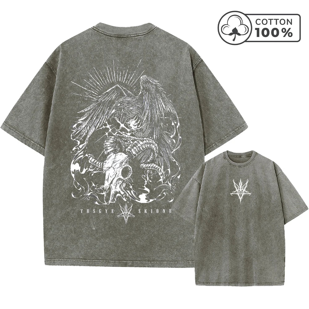 Men's Street Style Washed T-Shirt With Eagle And Ram's Head Print Retro Pure Cotton Short Sleeve Top Casual Daily Commute