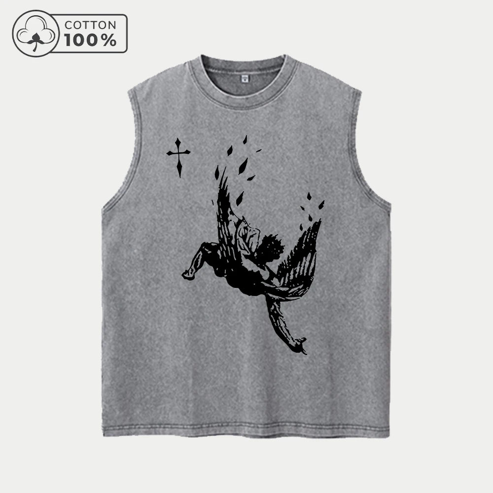 Men's Retro Pure Cotton Washed Vest With Angel Fall Print Summer Casual Sleeveless T-Shirt Daily Commute Outdoor Fitness Top