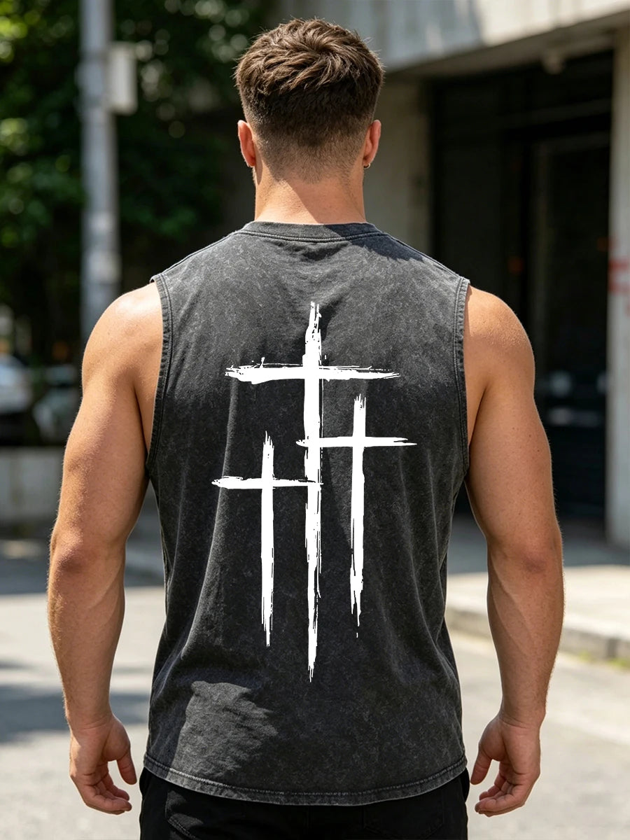 Men's Fashion Washed Vest With Scratched Cross Print Pure Cotton Sleeveless Fitness T Shirt Loose Casual Commuter Sports Top