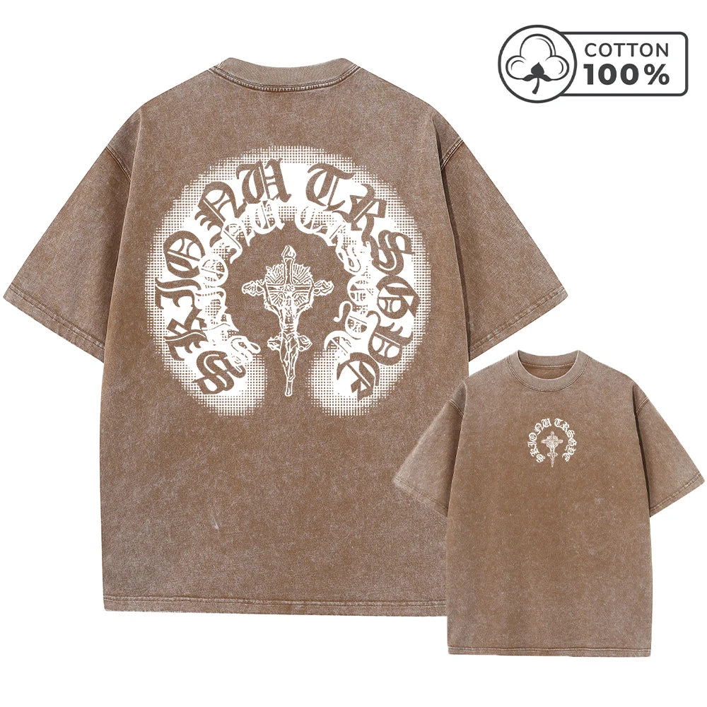 Men's Distressed Pure Cotton Washed T-Shirt With Cross Badge Print Loose Fit Casual Short Sleeve Everyday Street Style Gym Top