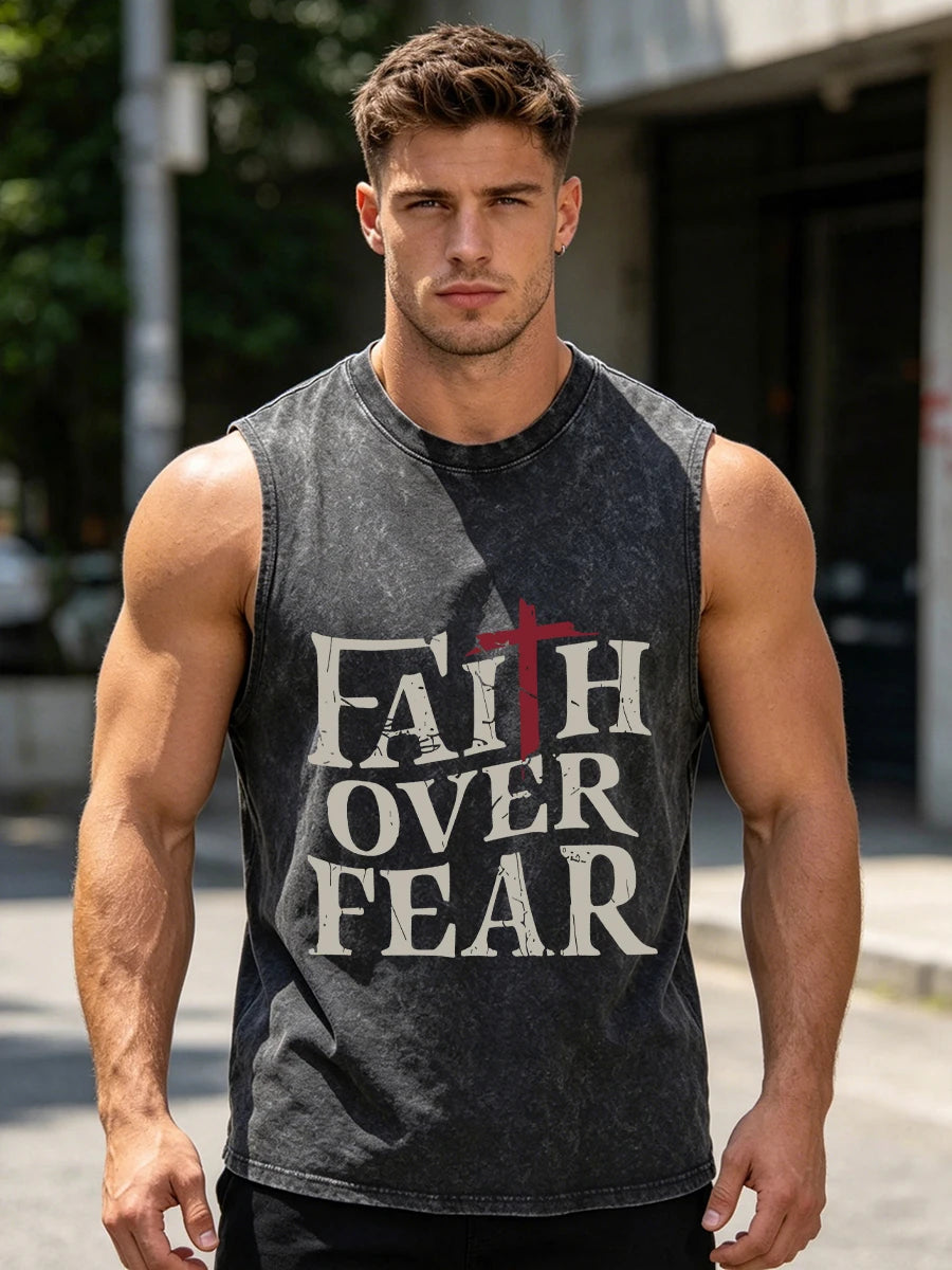 Men's Trendy Short Sentence Print Washed Vest Loose Casual Pure Cotton Fitness Commuter Retro Sleeveless Vest Summer Running Top