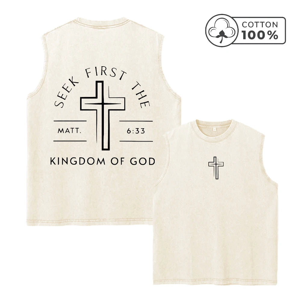 Men's Distressed Washed Vest With Prayer And Cross Print Summer Pure Cotton Casual Sleeveless T-Shirt Vintage Street Style Top