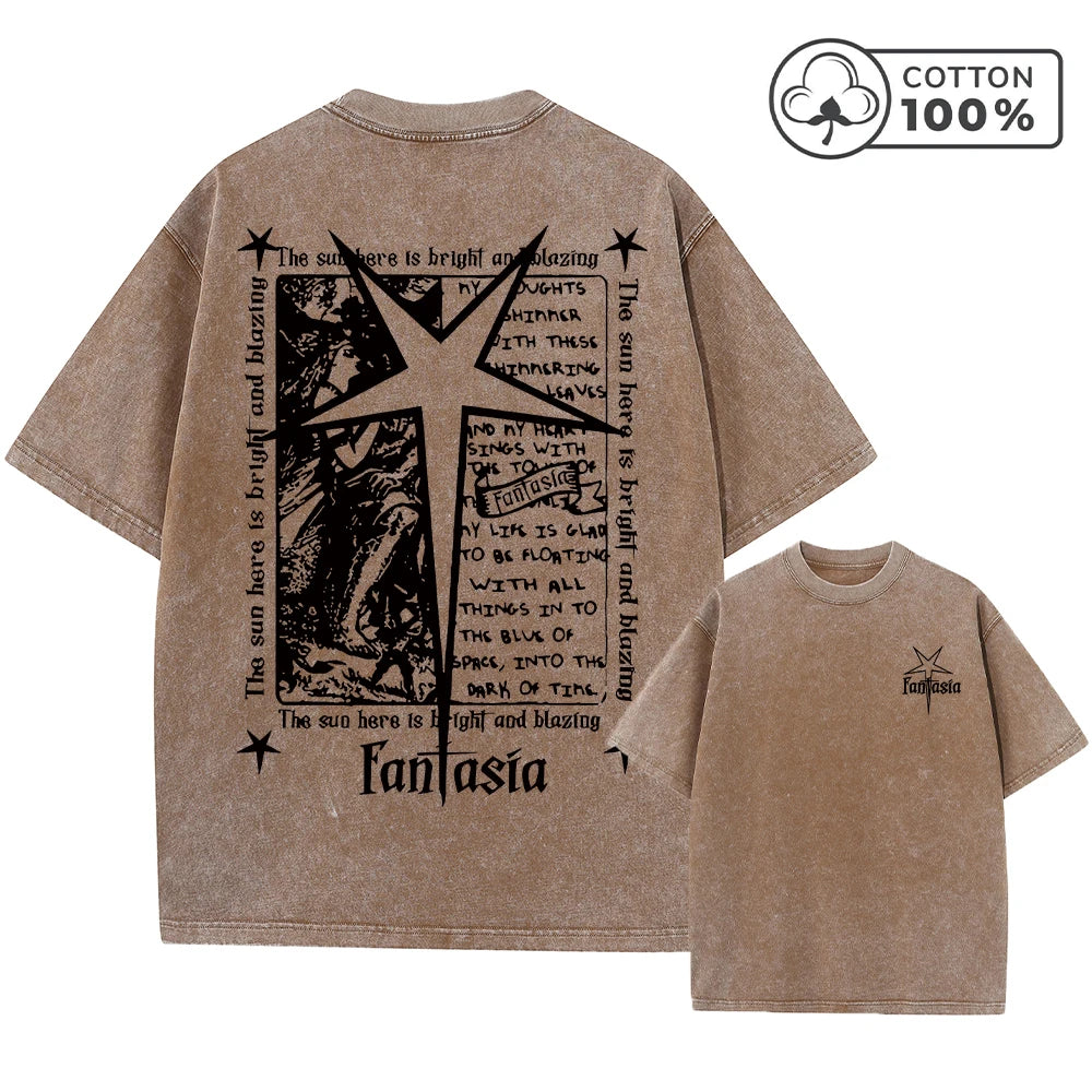 Men's Distressed Pure Cotton Washed T-Shirt With Fantasia Star And Text Print Short Sleeve Loose Fit Casual Daily Wear Gym Top