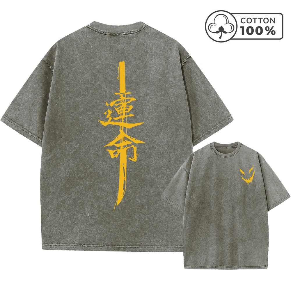 Men's Retro Washed T-Shirt With Evil Smiley Face And Knife Print Casual Pure Cotton Short Sleeved Street Style Commuter Top