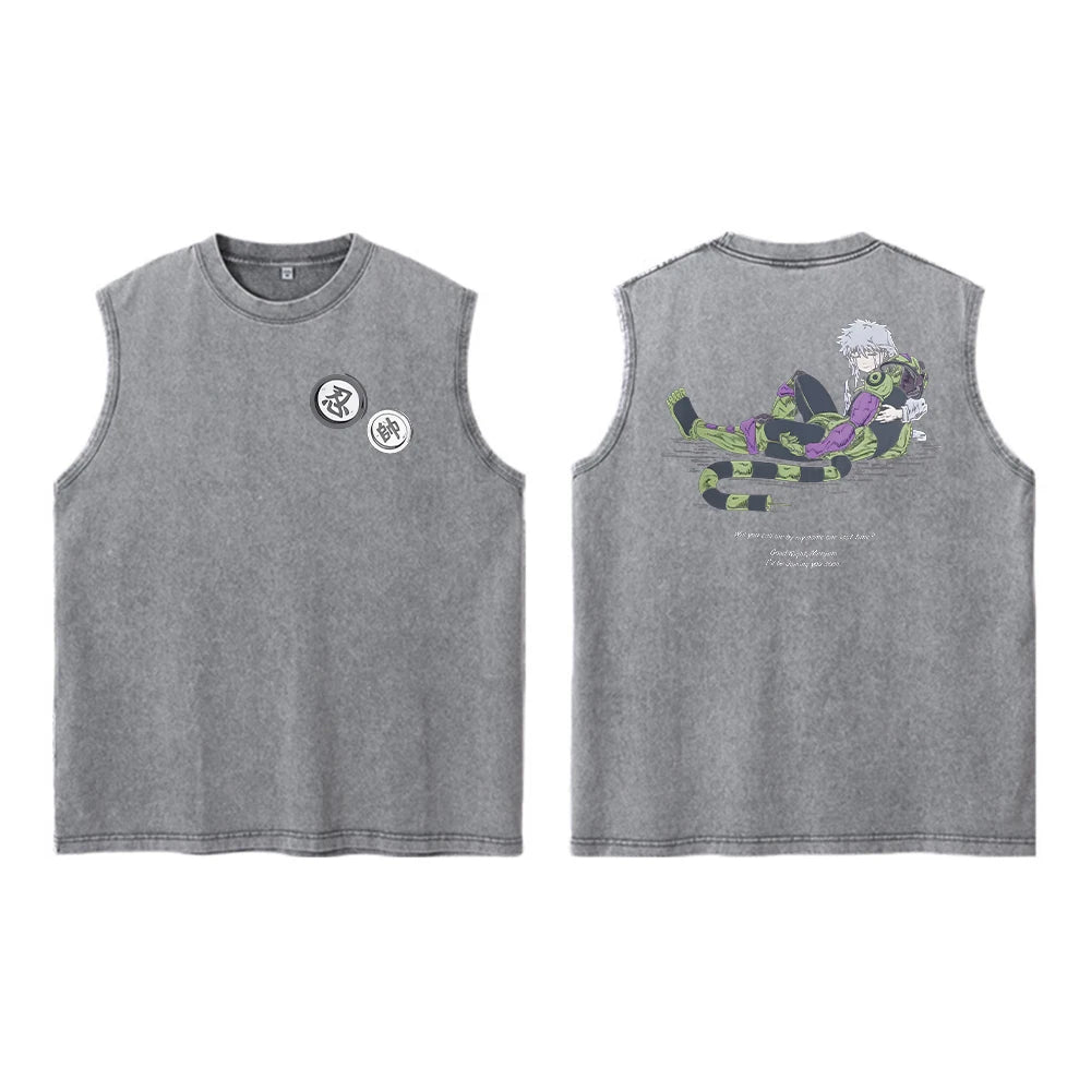 Anime Hunter X Hunter Acid Vest Retro Vintage Printed Washed Graphic Vest Men Harajuku Y2k Cotton Casual Tshirt Tops Unisex