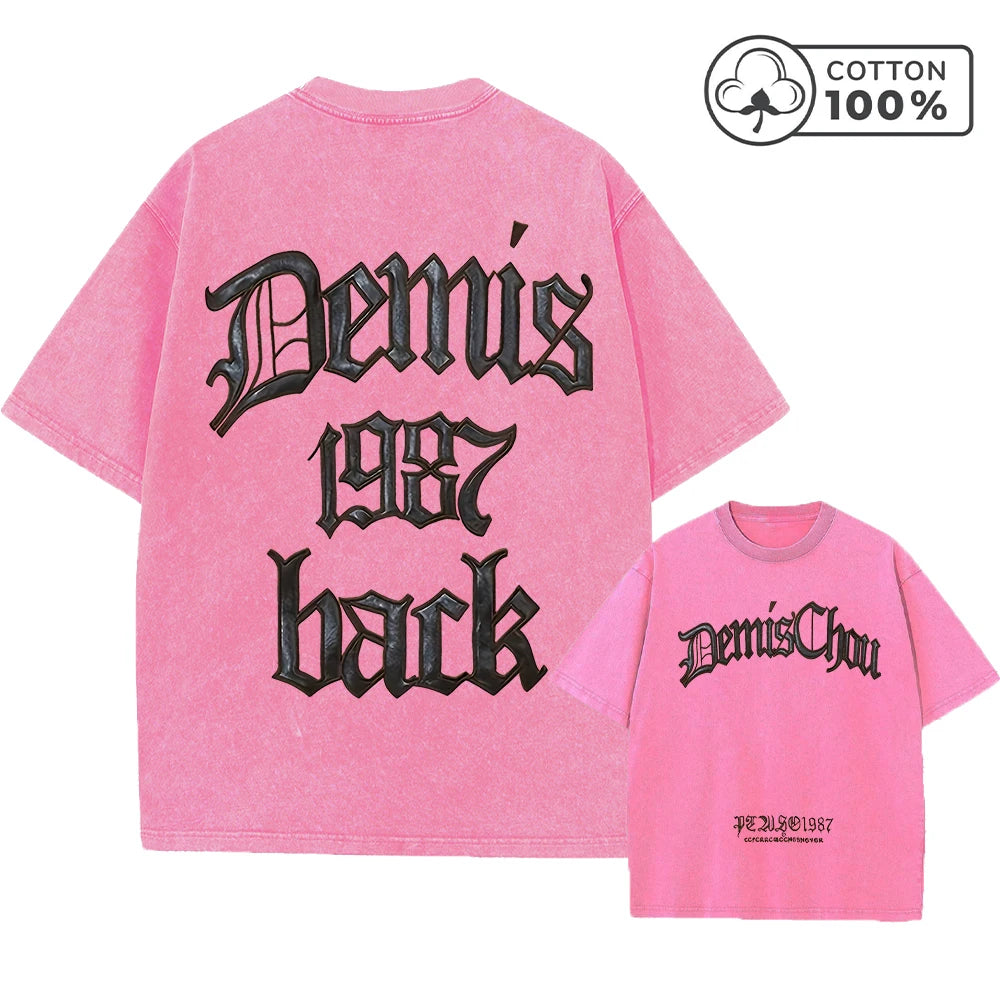 Men's Retro Casual Washed T-Shirt Summer Fashion Word Print Pure Cotton Crew Neck Short Sleeve Street Gym Commuter Top
