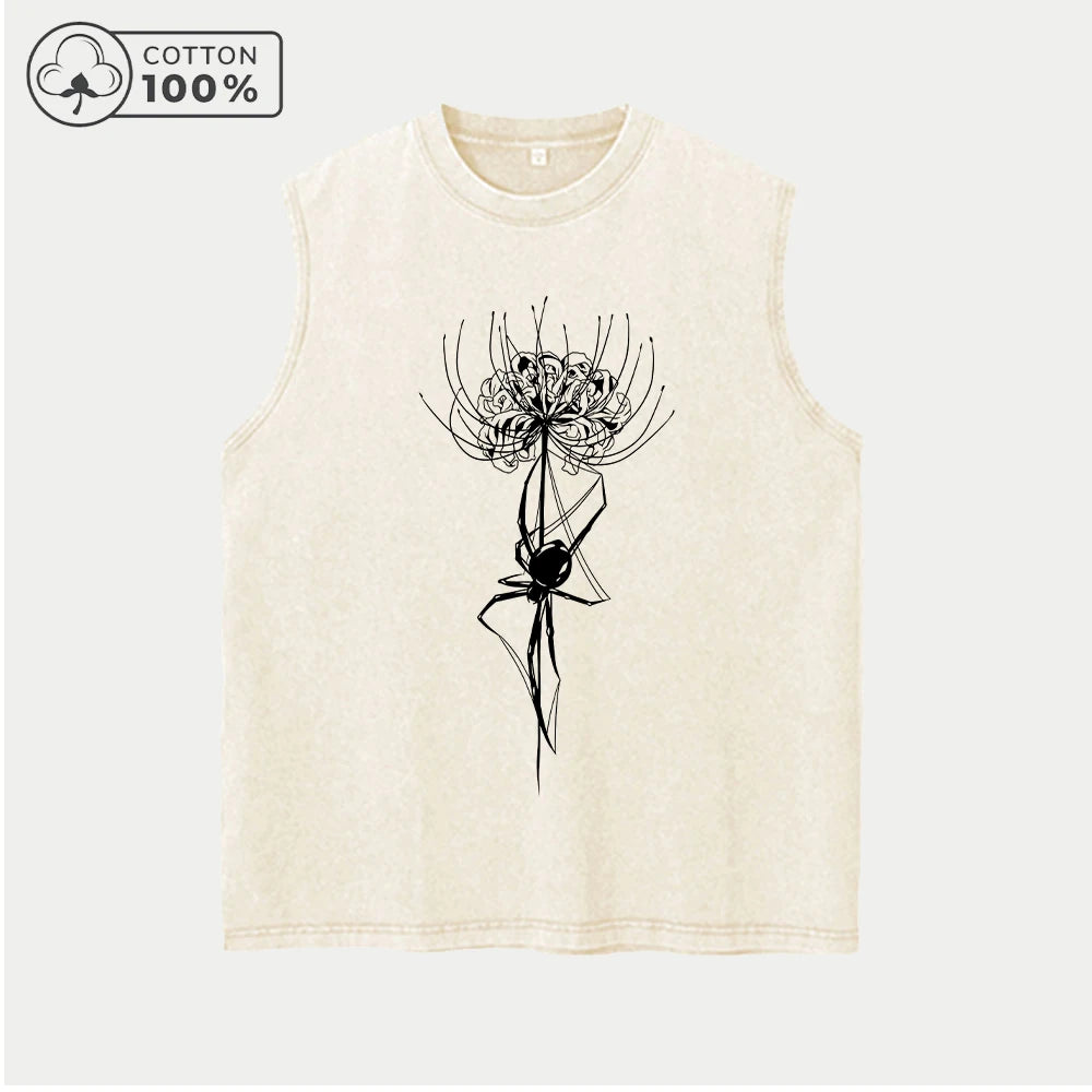 Men's Casual Sports Washed Vest With Unique Spider Lily Print Pure Cotton Sleeveless T-Shirt Summer Commute Outdoor Loose Top