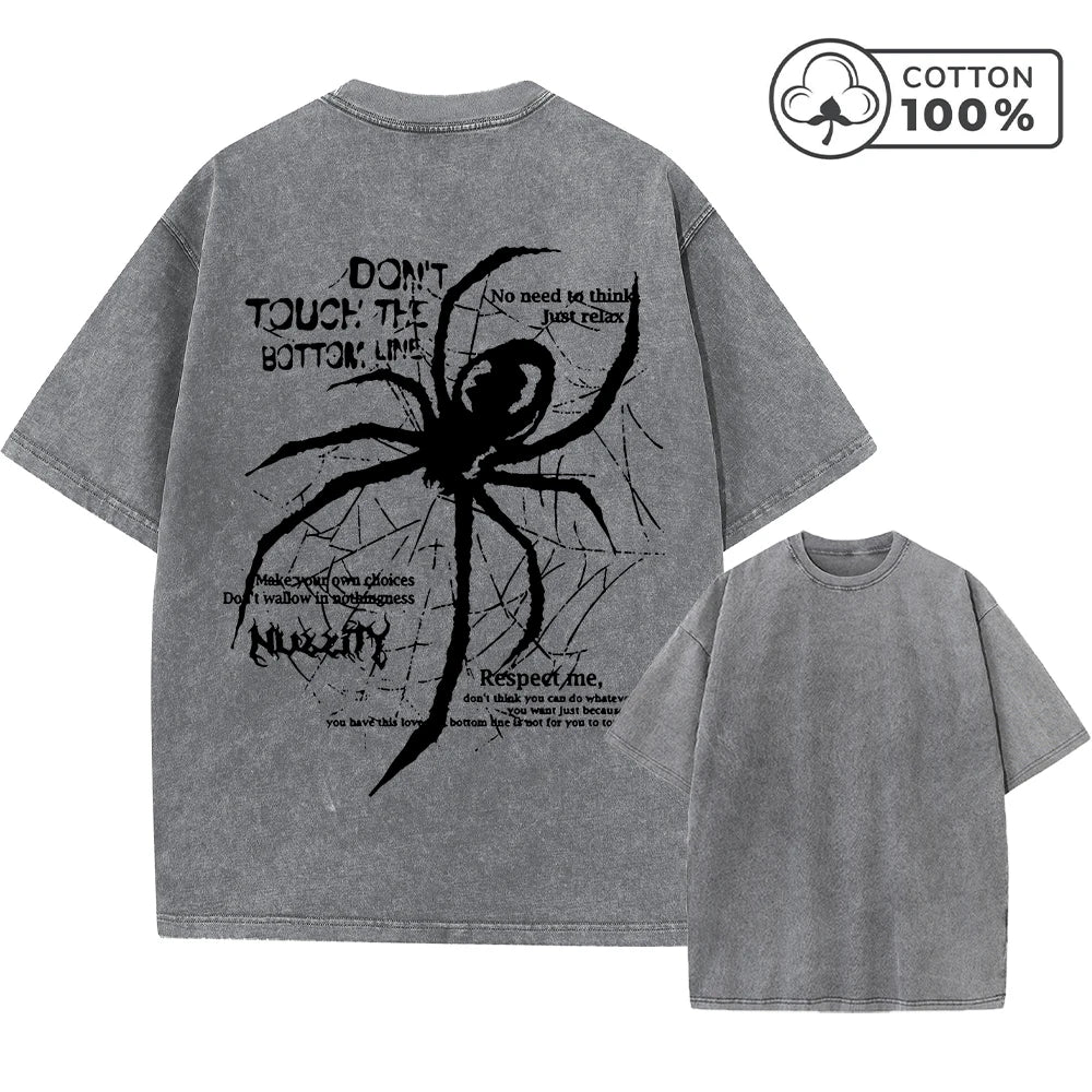 Men's Distressed Washed T-Shirt With Spider Print Retro Pure Cotton Short Sleeve Comfortable And Breathable Training Top