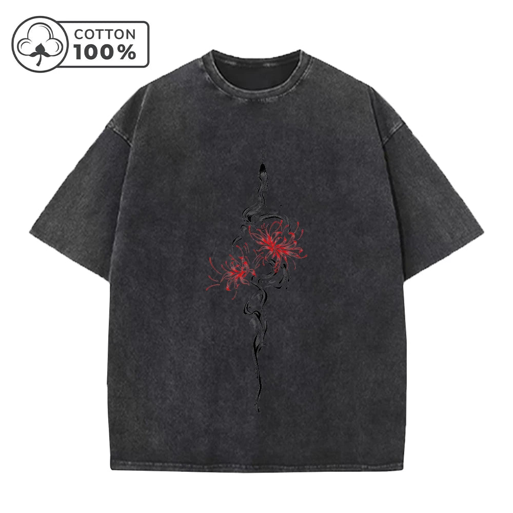 Men's Retro Casual Washed T-Shirt Summer Fashion Snake And Flower Print Pure Cotton Crew Neck Short Sleeve Street Commuter Top