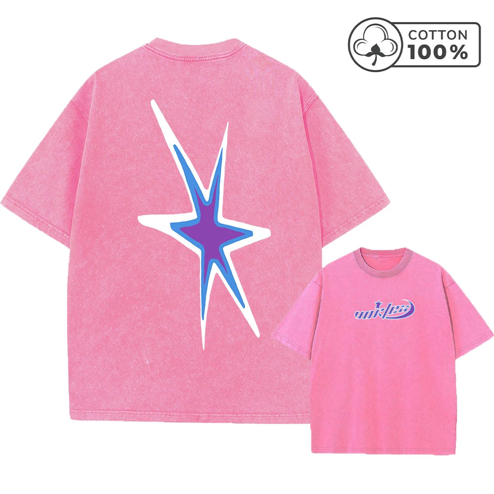 Men's Y2K Style Star Print Retro Washed T-Shirt Breathable Pure Cotton Casual Short Sleeved Summer Fitness Running Casual Top