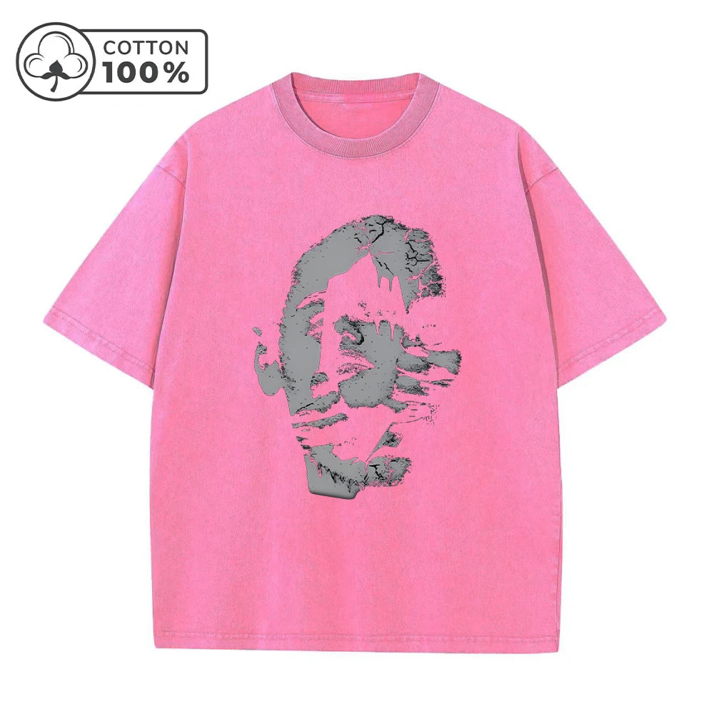 Men's Distressed Washed T-Shirt Personalized Face Print Retro Pure Cotton Short Sleeve Comfortable And Breathable Training Top