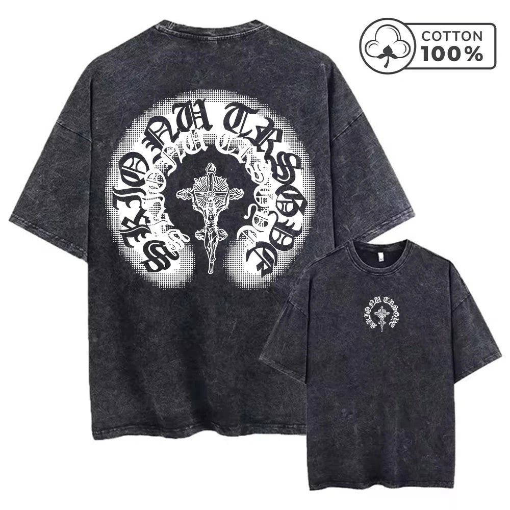 Men's Distressed Pure Cotton Washed T-Shirt With Cross Badge Print Loose Fit Casual Short Sleeve Everyday Street Style Gym Top