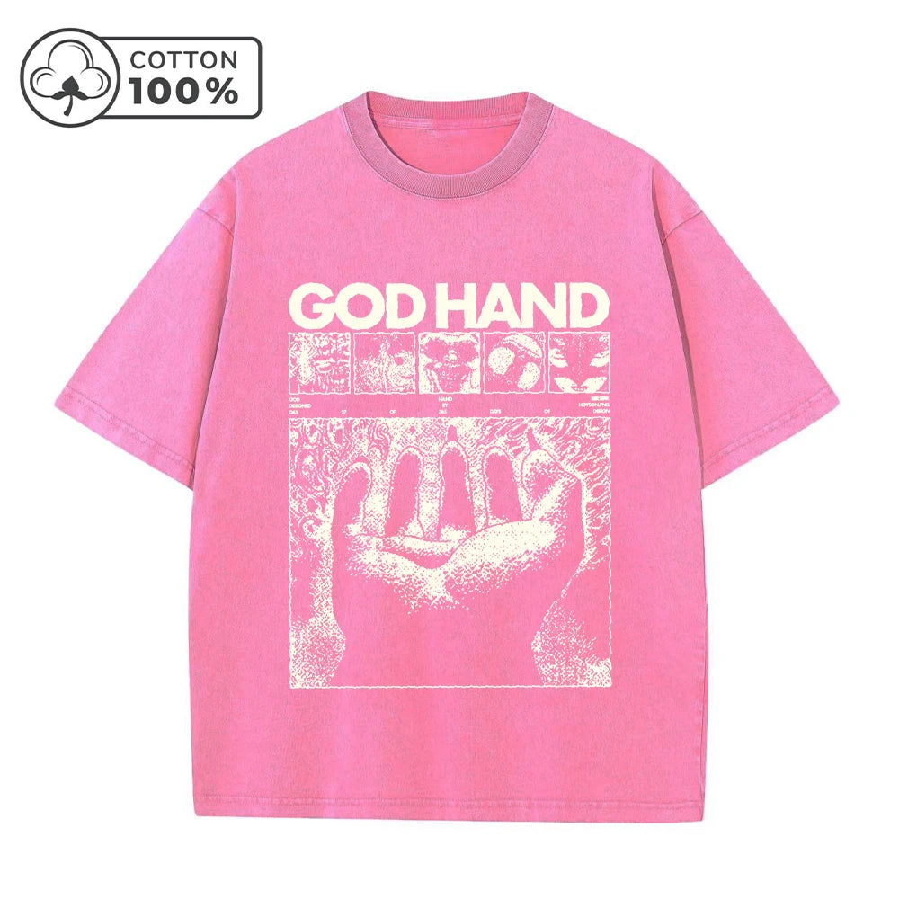 Men's Distressed Washed T-Shirt Trendy God s Hand Print Vintage Pure Cotton Short Sleeve Comfortable And Breathable Training Top