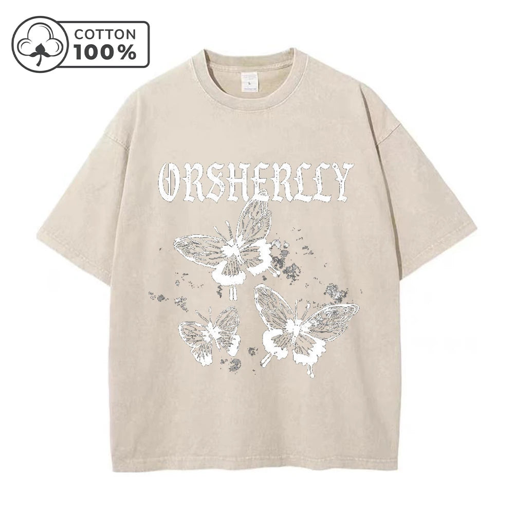 Men's Hollowed Out Butterfly Print Retro Washed T-Shirt Summer Distressed Loose Casual Fashion Short Sleeved Fitness Commute Top