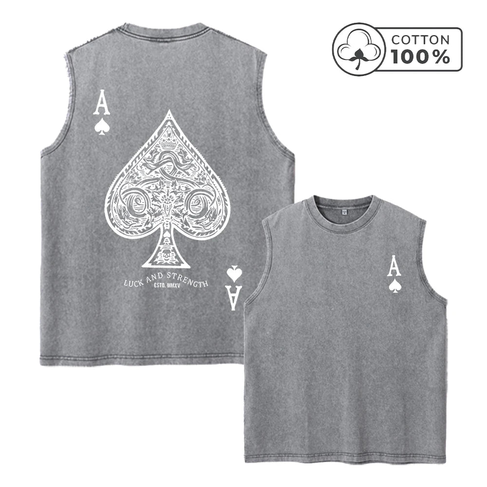 Men's Gothic Style Spade Ace Print Vintage Washed Vest Summer Gym Commuter Top Distressed Casual Fashion Pure Cotton Vest