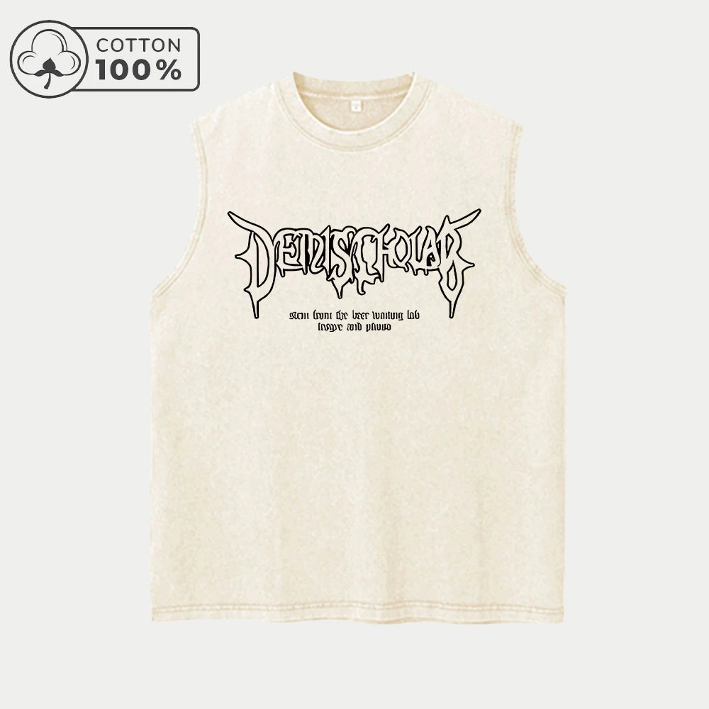 Men's Hollowed Out Text Print Washed Vest Retro Casual Pure Cotton Sleeveless Vest Summer Daliy Street Style Commute Loose Top
