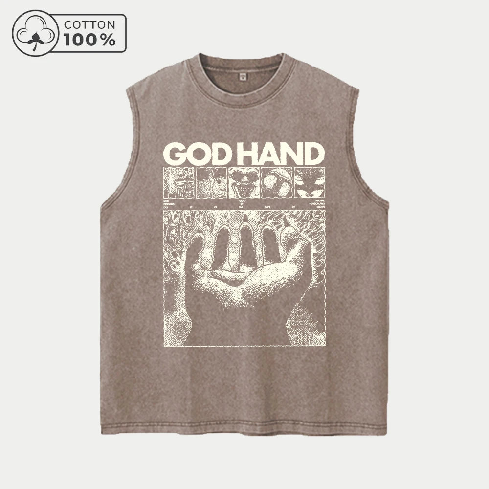 Men's Fashion God's Hand Print Washed Vest Loose Casual Pure Cotton Fitness Commuter Sleeveless Vest Summer Running Top