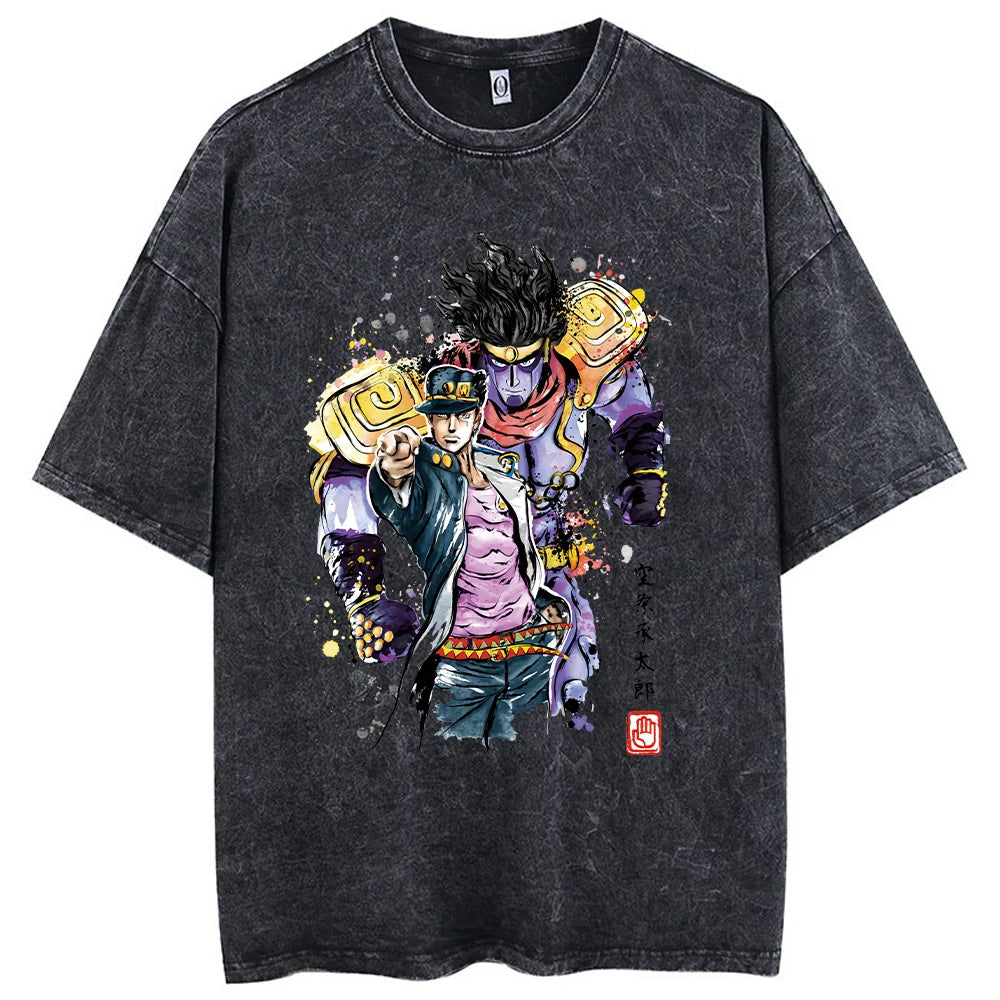 Y2k Washed T-shirts For Men Anime JoJo's Bizarre Adventure Short Tshirts Women Tops Graphic Printed TShirt Short Sleeve Unisex