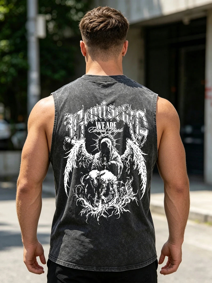 Men's Pure Cotton Washed Sleeveless Vest Trendy Sheep Print Top Retro Distressed 2026 Street Style Heavyweight Breathable Vest