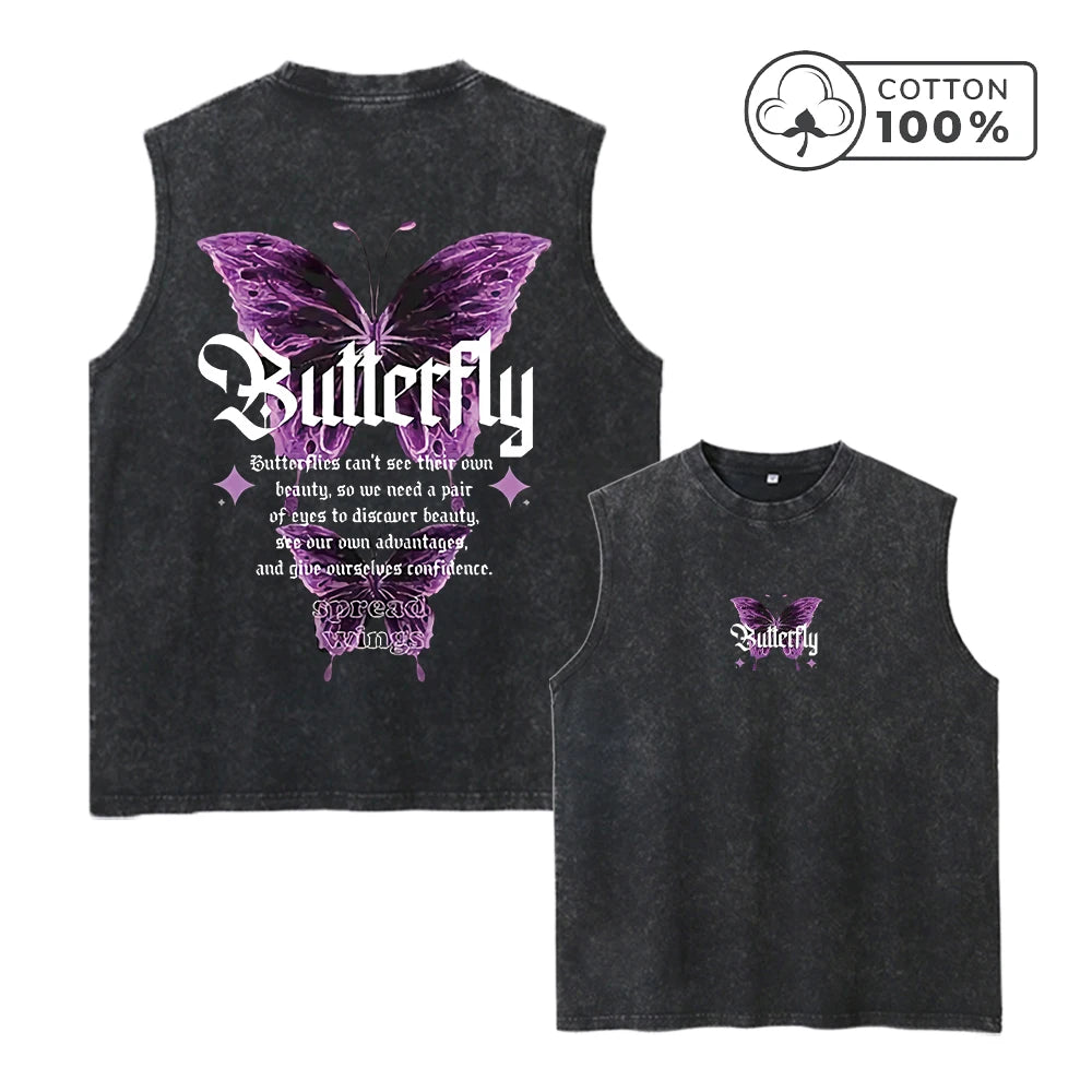 Men's Unique Butterfly And Letter Print Washed Vest Summer Fitness And Commute Top Distressed Casual Fashion Pure Cotton Vest