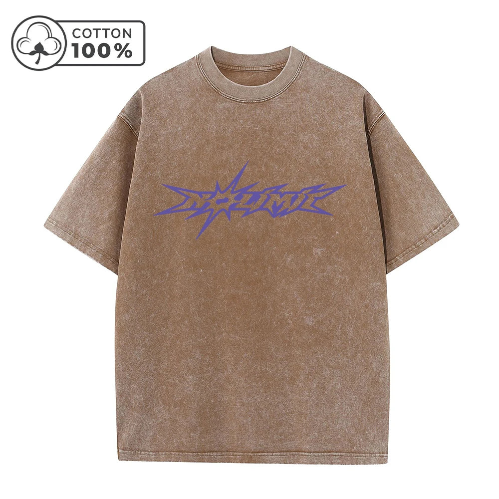Men's Creative Purple Word Print Distressed Washed T-Shirt Loose Fit Casual Pure Cotton Crew Neck Short Sleeve Daliy Commute Top