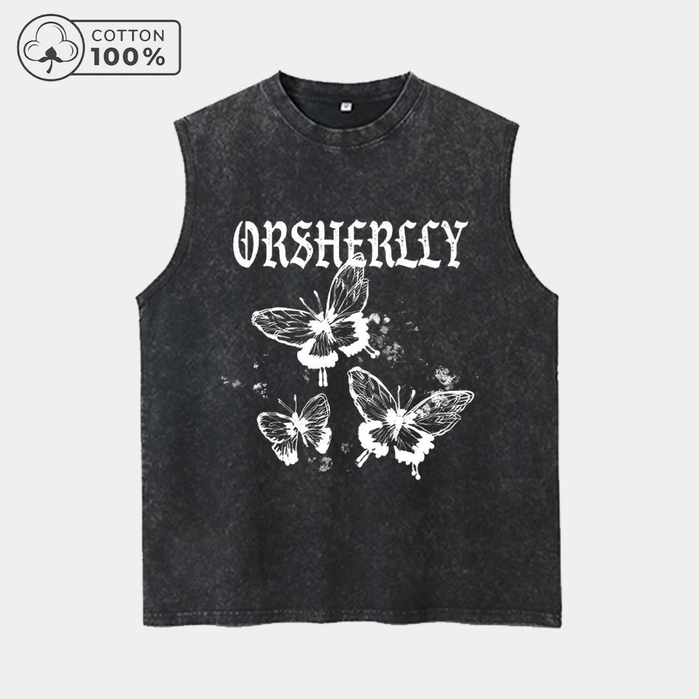 Men's Y2K Trendy Butterfly Print Retro Washed Vest Summer Fitness Daily Commute Top Casual Fashion Street Style Pure Cotton Vest