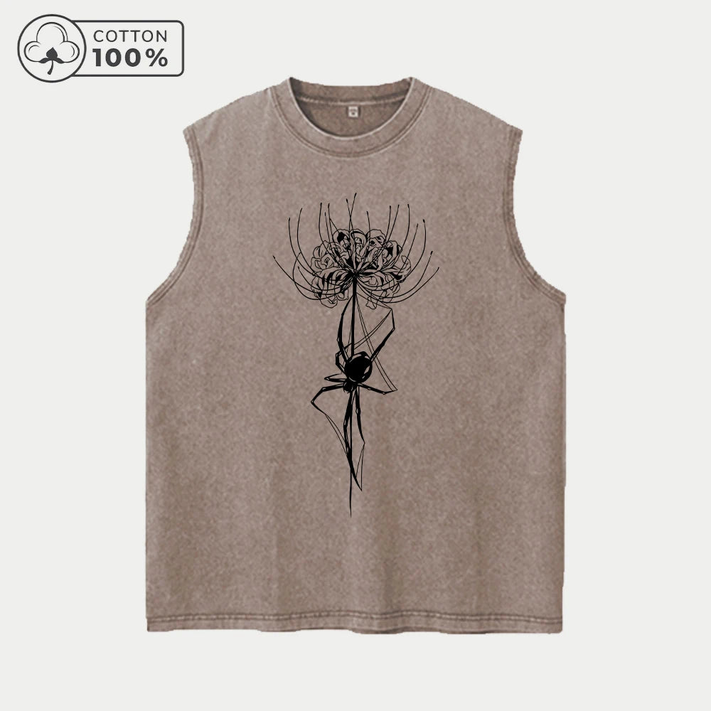 Men's Casual Sports Washed Vest With Unique Spider Lily Print Pure Cotton Sleeveless T-Shirt Summer Commute Outdoor Loose Top