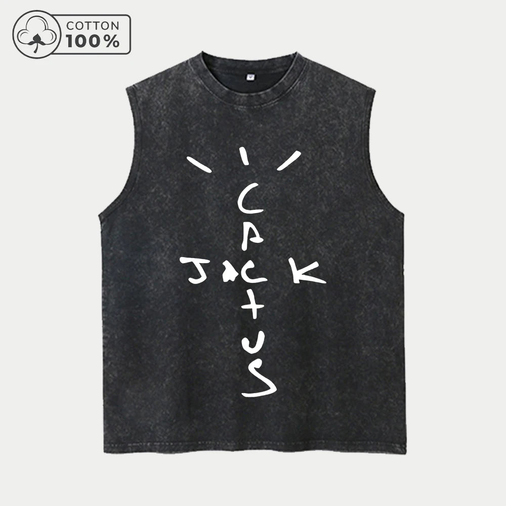 Men's Fashion Washed Vest With Cartoon Word Print Pure Cotton Sleeveless Fitness T Shirt Loose Fit Casual Commuter Sports Top