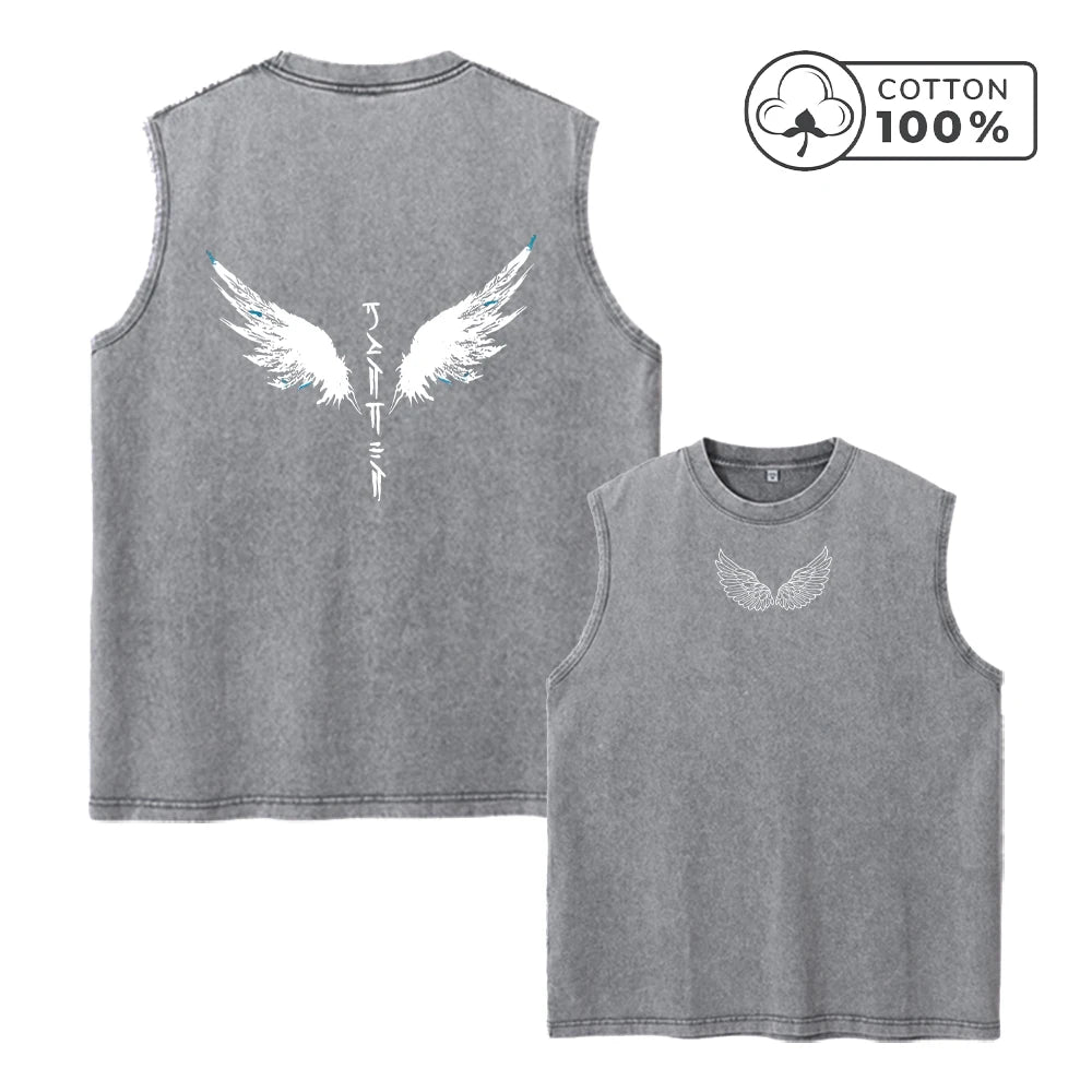 Men's Wing Print Retro Distressed Washed Vest Fashionable Street Style Pure Cotton Sleeveless Top Loose Casual Base Layer