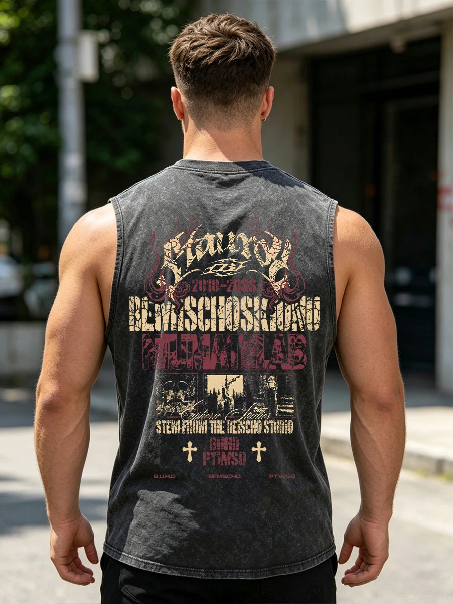 Men's Heavyweight Pure Cotton Washed Sleeveless Vest With Skull Print Retro Distressed And Breathable 2026 Summer New Arrival