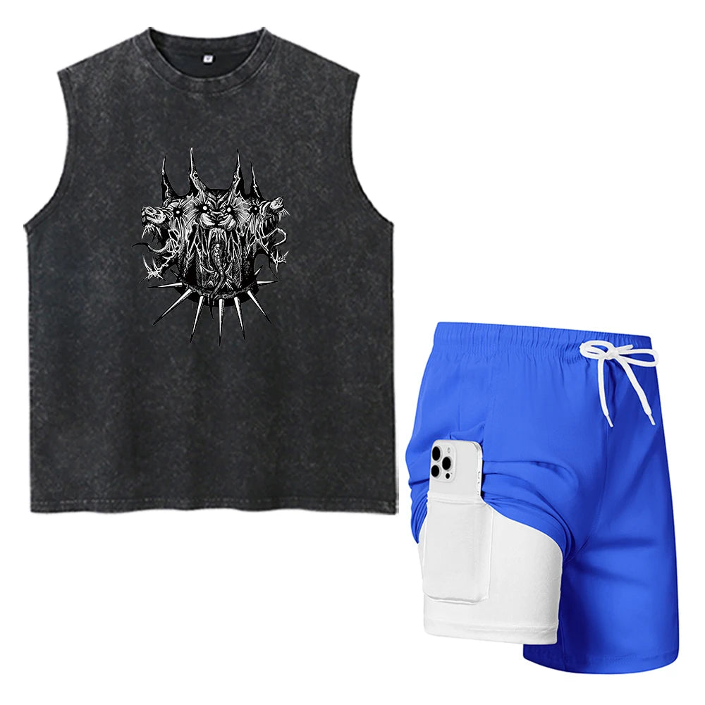 Men's Beach Casual Set Printed Fashion Washed T-Shirt Drawstring Shorts With Inner Cell Phone Pocket Summer Swimming And Surfing