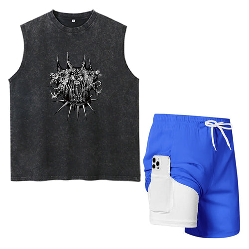 Men's Beach Casual Set Printed Fashion Washed T-Shirt Drawstring Shorts With Inner Cell Phone Pocket Summer Swimming And Surfing