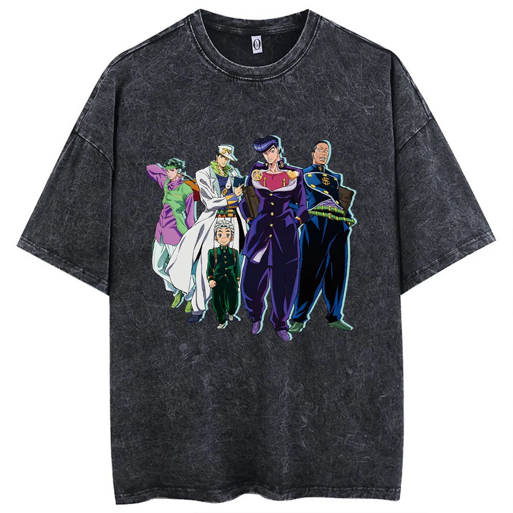 Y2k Washed T-shirts For Men Anime JoJo's Bizarre Adventure Short Tshirts Women Tops Graphic Printed TShirt Short Sleeve Unisex