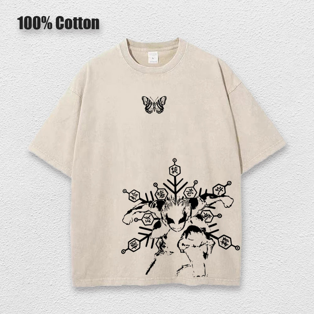 Anime Printed Washed Tshirt Demon Slayer Akaza Poster Performance Top Men Retro Harajuku Style Pullover Short Sleeves Unisex